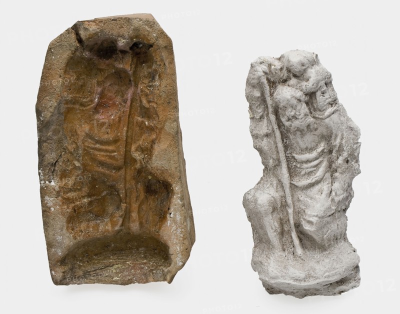 Pottery mold for pipe decoration Holy Christoffel and plaster cast, mold tools equipment earth discovery ceramics pottery, hand