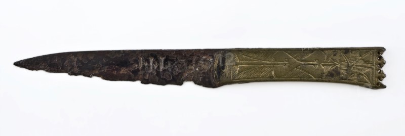 Steel knife with machined copper handle, on which JHESUS and MARIA, knife cutlery soil find iron steel bronze metal, forged