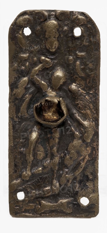 Rectangular copper fittings with four mounting holes, embossed biblical representation, ornament batter ground find copper brass