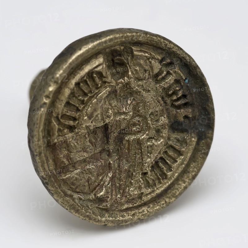 Bronze seal stamp with female figure, coat of arms and edge lettering, seal stamp stamp equipment ground find bronze brass metal