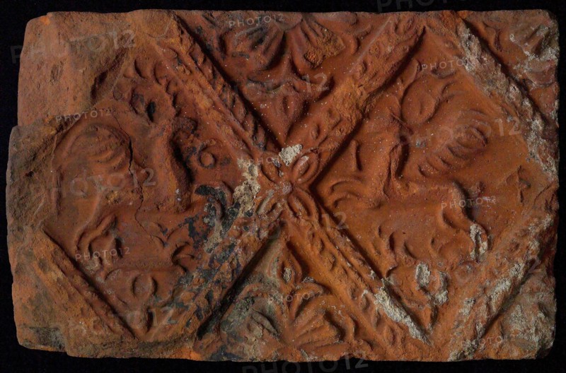 Hearthstone, from Antwerp Belgium, without frame, with winged deer in glass, fireplace stone part ceramic brick glaze, baked