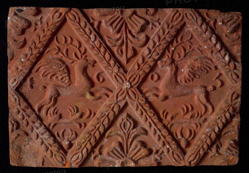 Hearthstone, from Antwerp Belgium, without frame, with winged deer in glass, hearth fireplace component ceramics brick glaze