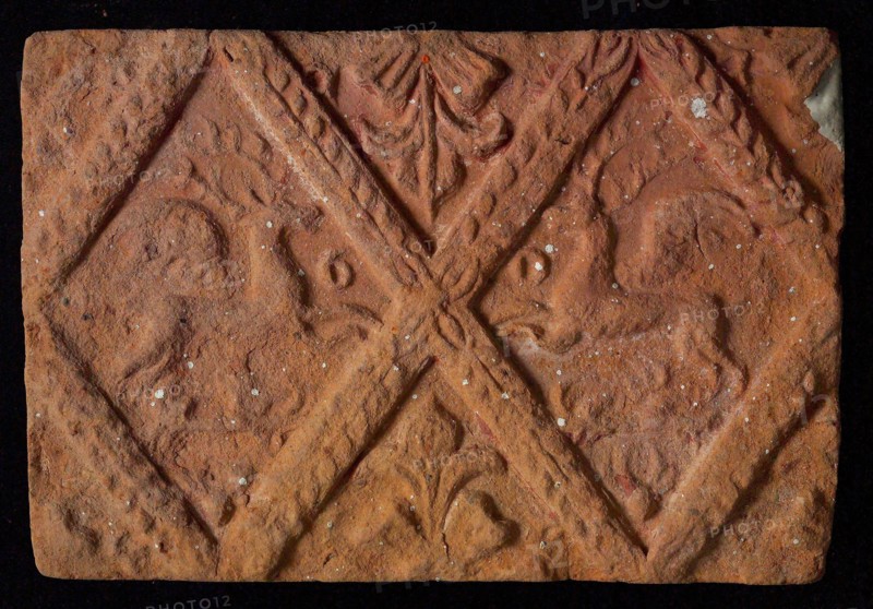 Hearthstone, from Antwerp Belgium, without frame, with winged deer in glass, hearth fireplace part ceramic brick glaze, fired
