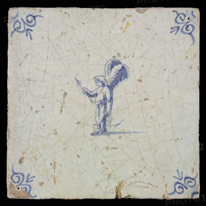 White tile with blue cupid with bow and arrow; corner pattern ox head, wall tile tile sculpture ceramic earthenware glaze, baked