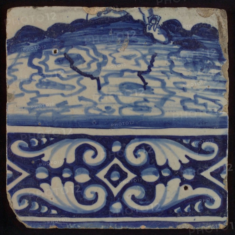 Tile of tableau with blue decorated border underneath and feet, tile picture footage fragment ceramics pottery glaze, baked 2x