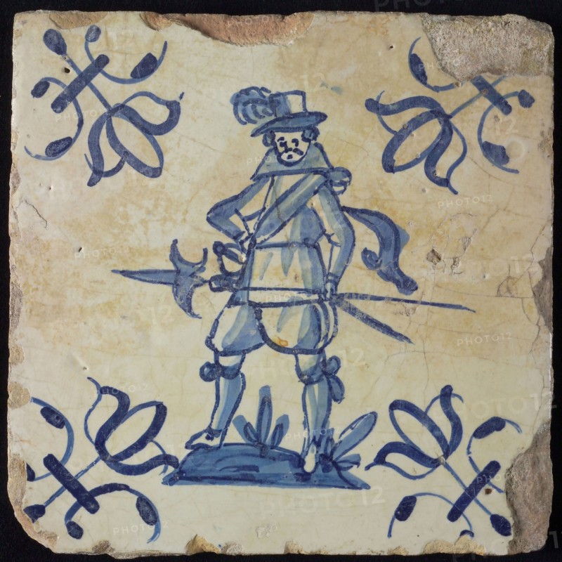 White tile with blue warrior, corner pattern lily, wall tile tile sculpture ceramics pottery glaze, baked 2x glazed painted