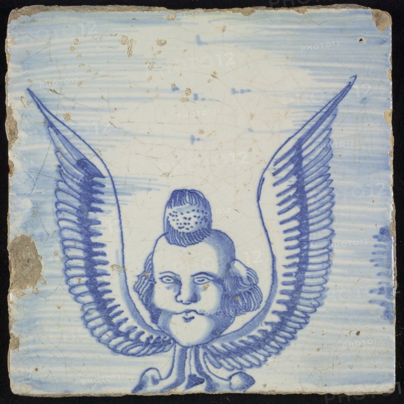 Tile of chimney pilaster, blue on white, in striped air cherub with long wings, chimney pilaster tile pilaster footage fragment