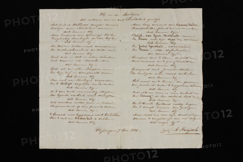 author: A. Ruijsch, Handwritten poem, about Belgian uprising, poem document information form paper, handwriting Single sheet