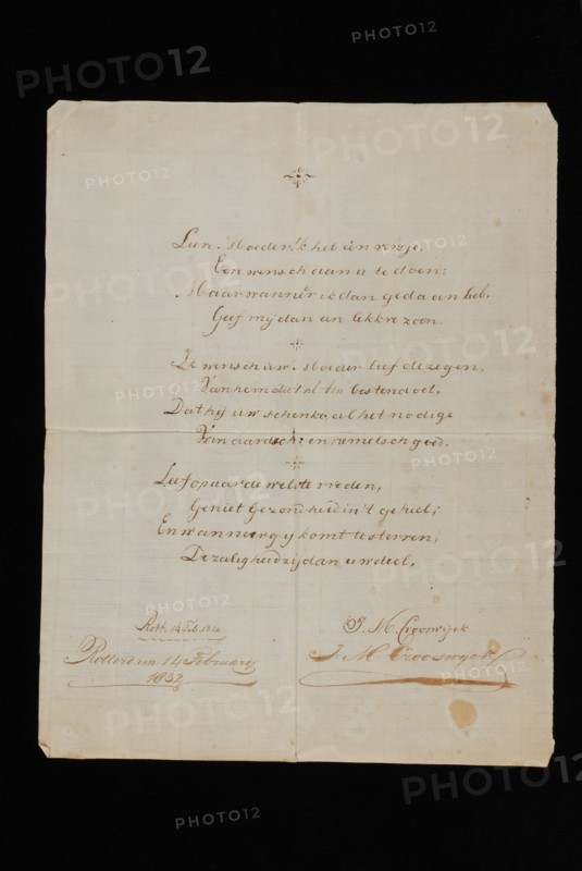 J.M. Crooswijck, Verse in three couplets, probably for mother's birthday, poem document information form paper, written Single