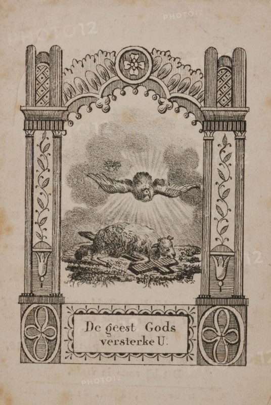 Prayer for Adrianus van de Ven, with black and white image of the Holy Spirit and the Lamb of God on the front, prayer print