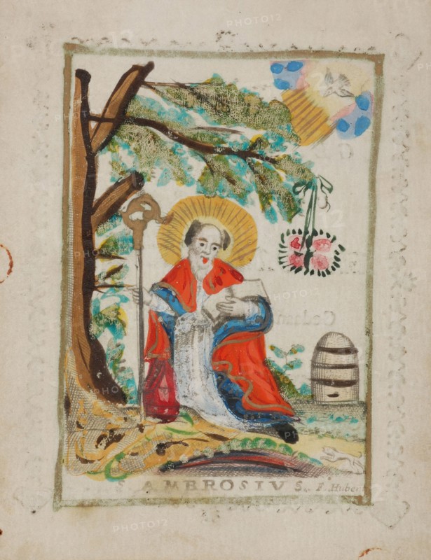 F. Hubert, Communion print with image of St. Ambrosius on the front, communion print engraving picture material parchment paint