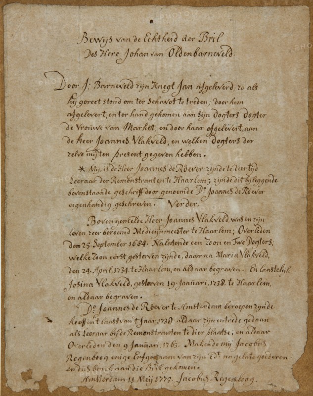 Proof of the Truth of Spectacles The Lord Johan van Oldenbarneveld, certificate of authenticity document document information