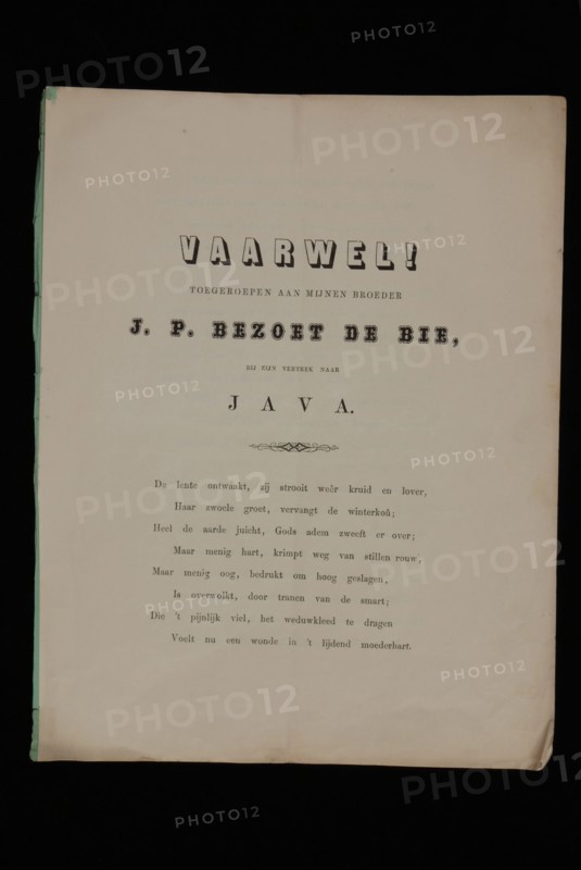 poet: P.J. Bezoet de Bie, Poem goodbye, dedicated to J.P. Occupied with his departure to Java, in green cover, poem document