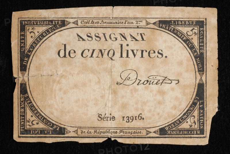 Assignaat of cinq livres, with decorative border in which text, assignate paper money money swap paper, printed White note