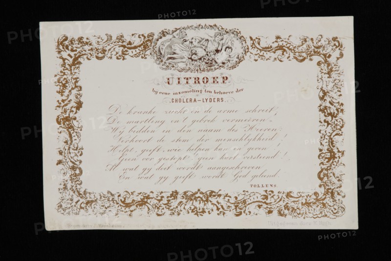 poet: Hendrik Tollens (1780 - 1856), Poem by Tollens in lithograph with wide golden edge, scrollwork and allegorical