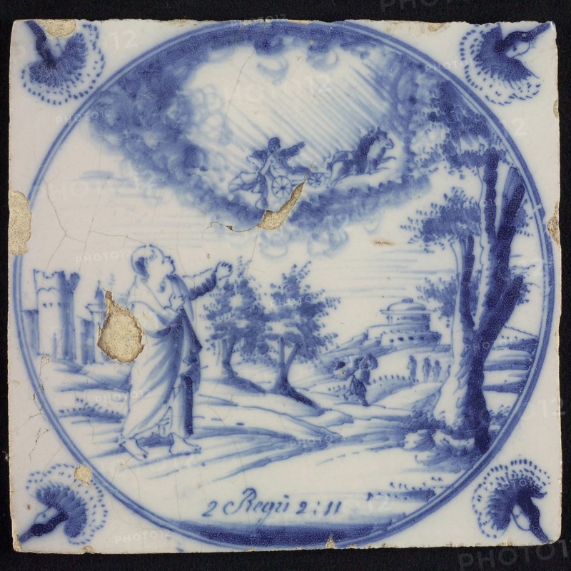 Scene tile, circle in which Elijah from heaven presents his cloak to Elisa on the ground, corner motif carnation, wall tile