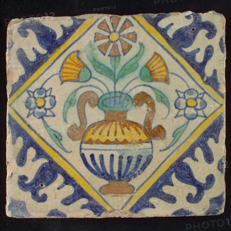 Tile, orange, brown, green and blue on white, flowerpot in square, corner pattern palm, wall tile tile sculpture ceramic