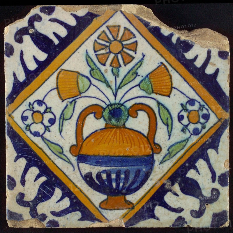 Tile, orange, brown, green and blue on white, flowerpot in square, corner pattern palm, wall tile tile sculpture ceramic