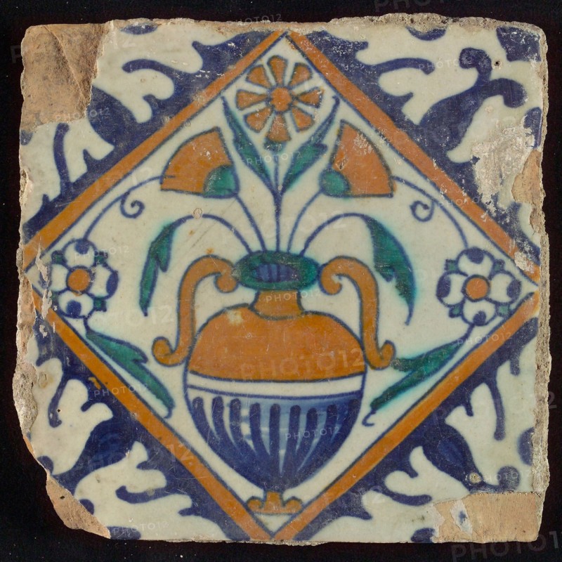 Tile, orange, brown, green and blue on white, flowerpot in square, corner pattern palm, wall tile tile sculpture ceramic