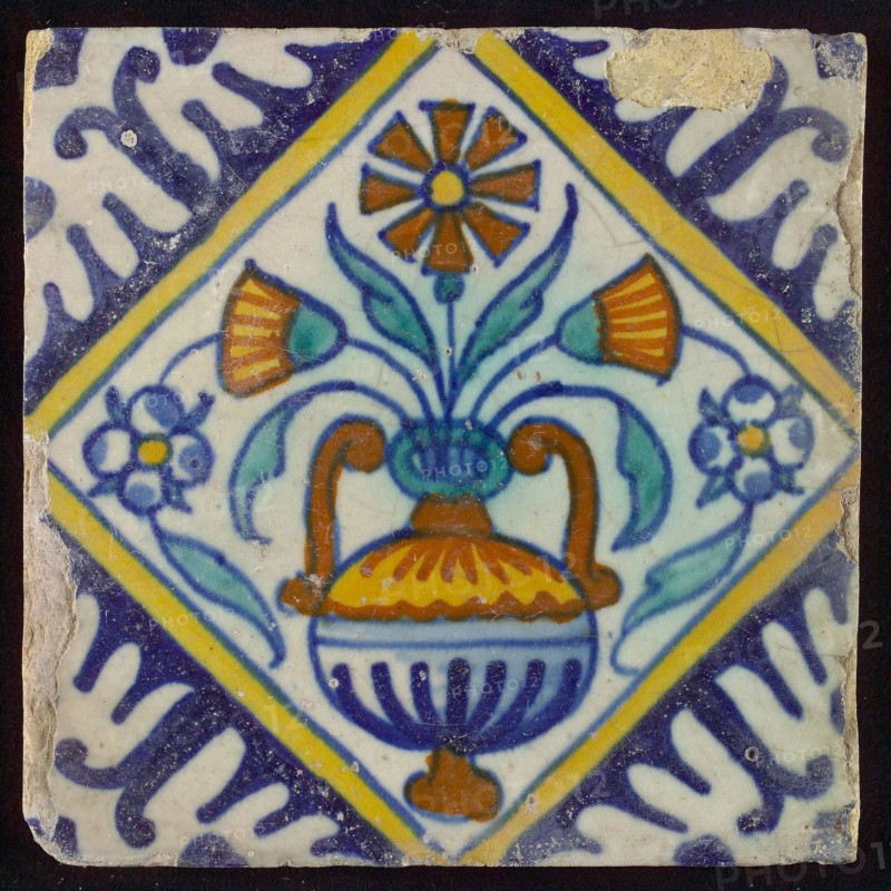 Tile, orange, brown, green and blue on white, flowerpot in square, corner pattern palm, wall tile tile sculpture ceramic