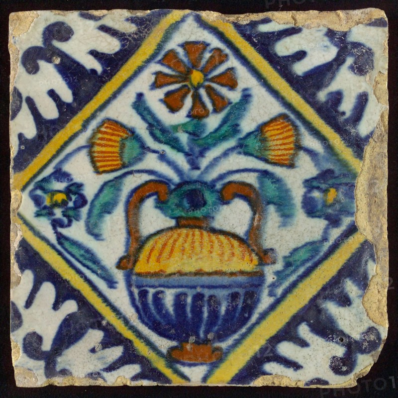 Tile, orange, brown, green and blue on white, flowerpot in square, corner pattern palm, wall tile tile sculpture ceramic