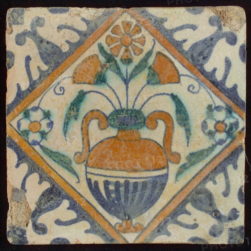Tile, orange, brown, green and blue on white, flowerpot in square, corner pattern palm, wall tile tile sculpture ceramic