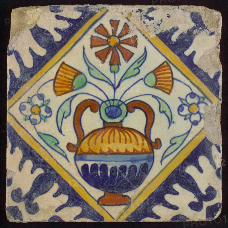 Tile, orange, brown, green, and blue on white, flowerpot in square, corner pattern palm, wall tile tile sculpture ceramic