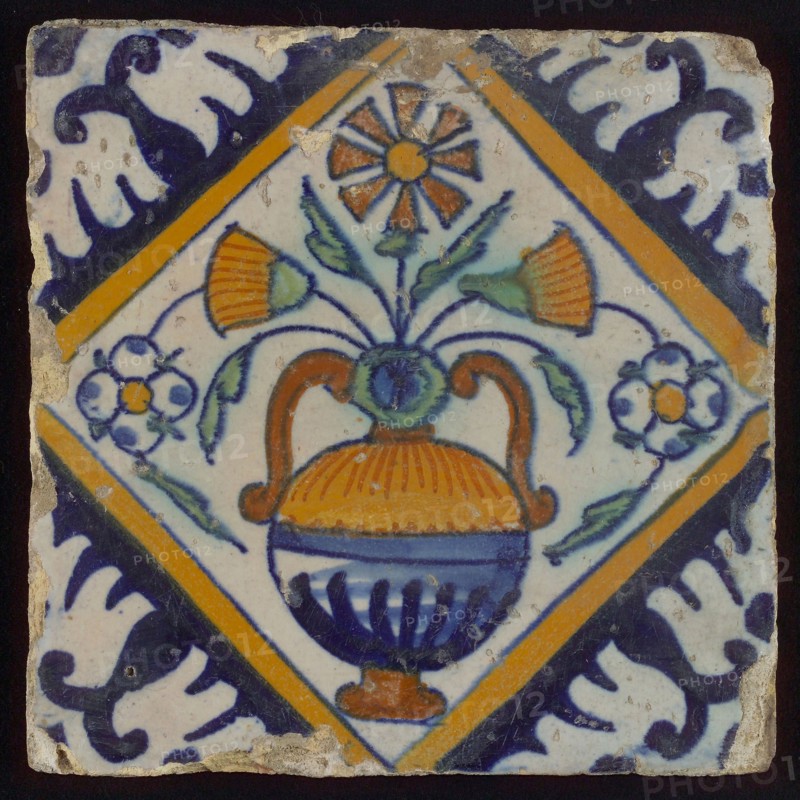 Tile, orange, brown, green, and blue on white, flowerpot in square, corner pattern palm, wall tile tile sculpture ceramic