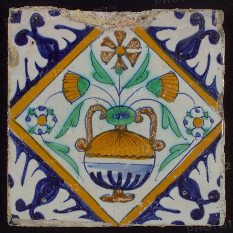 Tile, orange, brown, green, and blue on white, flowerpot in square, corner pattern palm, wall tile tile sculpture ceramic