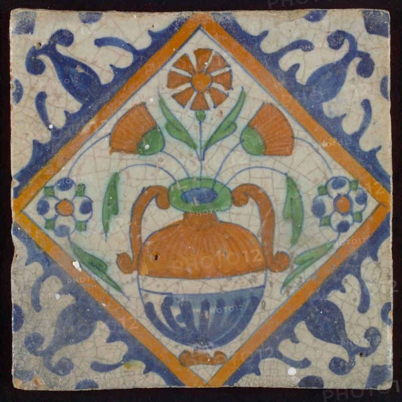 Tile, orange, brown, green, and blue on white, flowerpot in square, corner pattern palm, wall tile tile sculpture ceramic