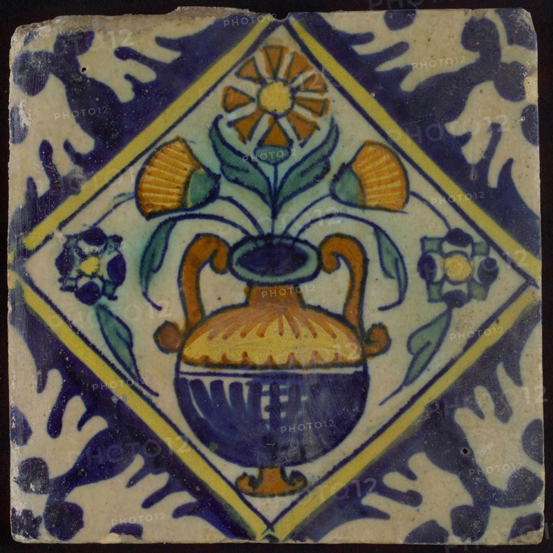 Tile, orange, brown, green, and blue on white, flowerpot in square, corner pattern palm, wall tile tile sculpture ceramic