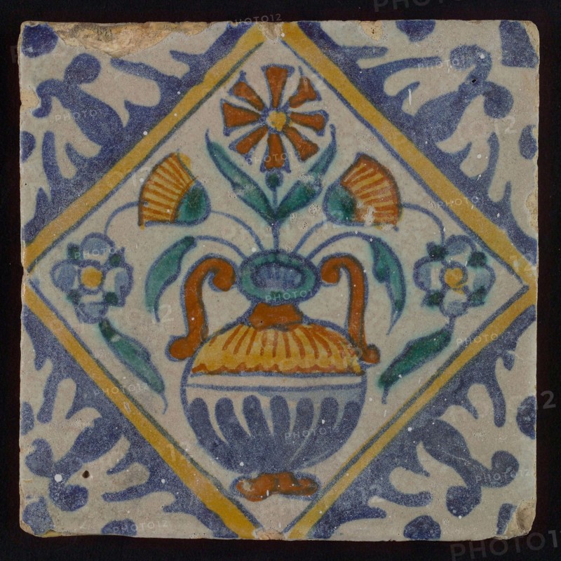 Tile, orange, brown, green, and blue on white, flowerpot in square, corner pattern palm, wall tile tile sculpture ceramic
