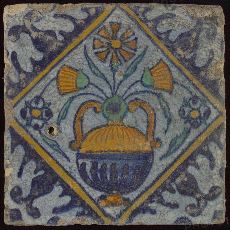 Tile, orange, brown, green, and blue on white, flowerpot in square, corner pattern palm, wall tile tile sculpture ceramic