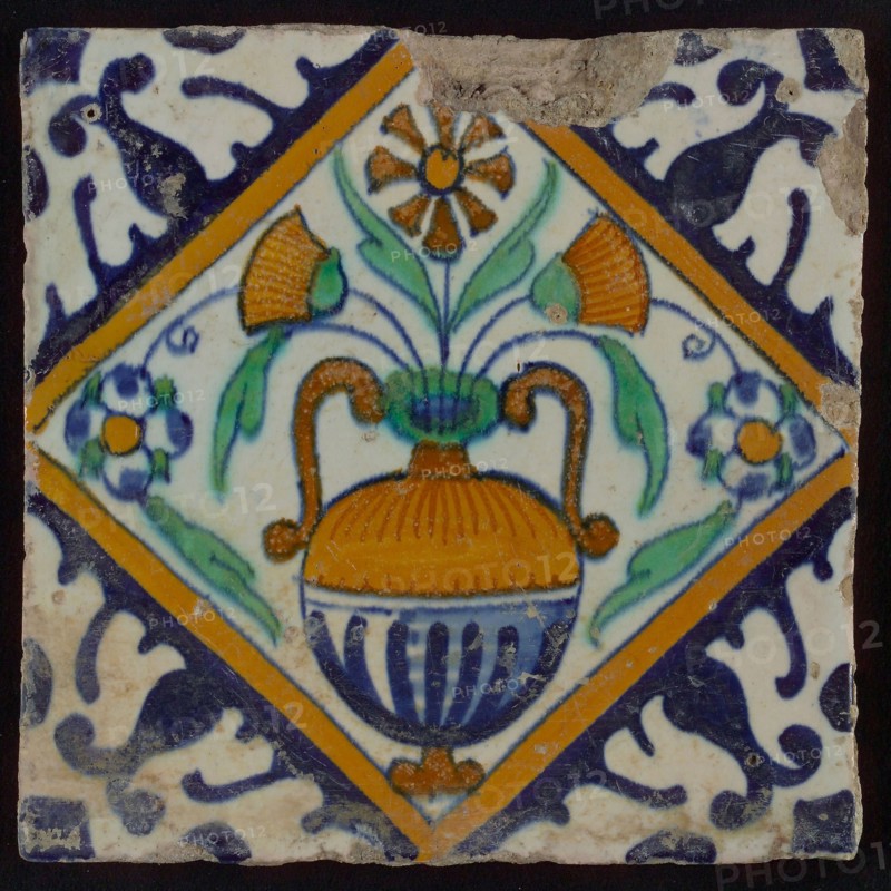 Tile, orange, brown, green, and blue on white, flowerpot in square, corner pattern palm, wall tile tile sculpture ceramic
