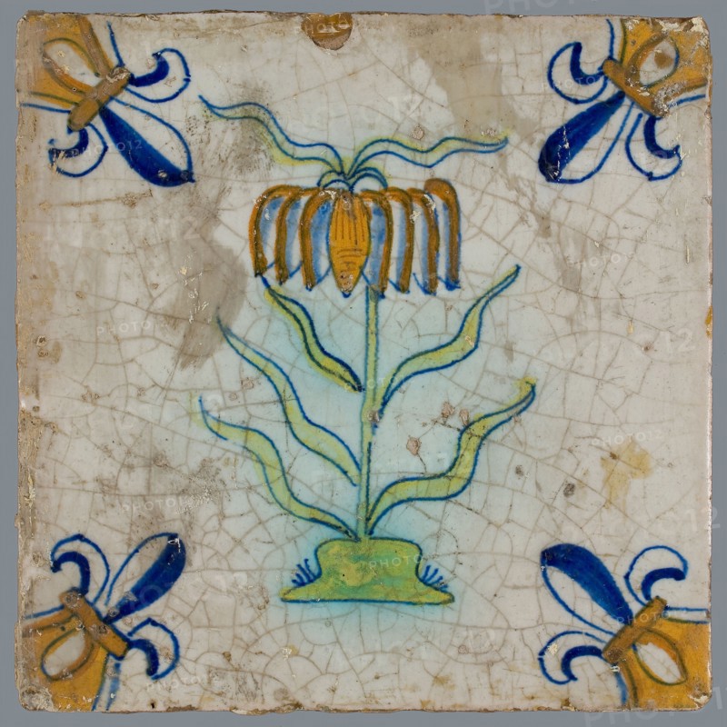 Tile, flower on ground in orange, yellow, brown, green and blue on white, corner pattern french lily, corner point yellow, wall
