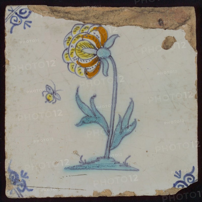 Tile, flower on the ground and flying insect in yellow, orange, green and blue on white, corner pattern ox head, wall tile