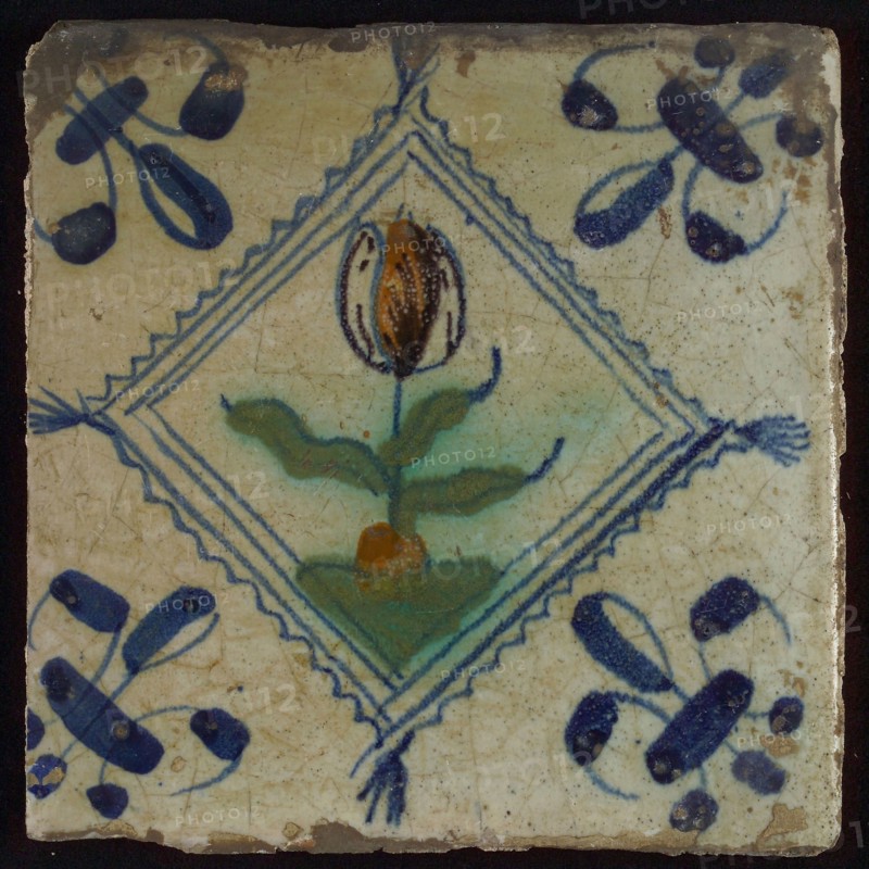 Tile, tulip on ground in orange, purple and blue on white, inside serrated squared with tuft, corner pattern french lily, wall