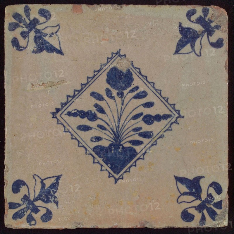 Tile, flowerpot in blue on white, inside small serrated square, corner pattern french lily, wall tile tile sculpture ceramic
