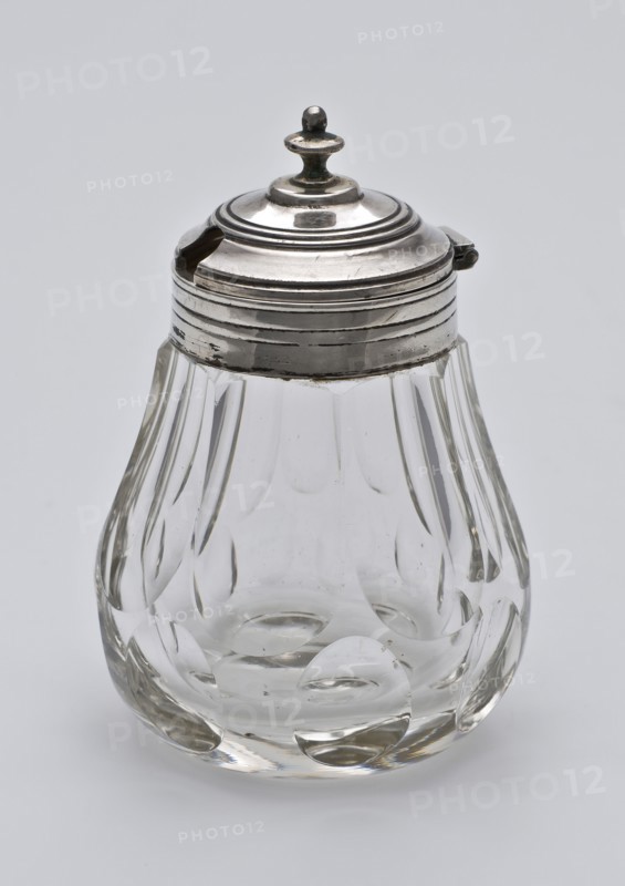 Silversmith: Baksteen & Middendorp, Glass transparent mustard pot with silver lid, mustard pot pottery holder glass lead glass