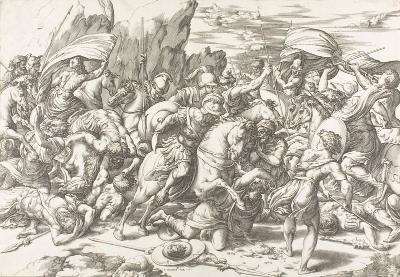 The Battle around the Shield and Lance, c. 1527, Giovanni Jacopo Caraglio (Italian, 1500/05–1565), after Raffaello Sanzio, called Raphael (Italian, 1483-1520), Italy, Engraving in black on ivory laid paper, 341 × 485 mm