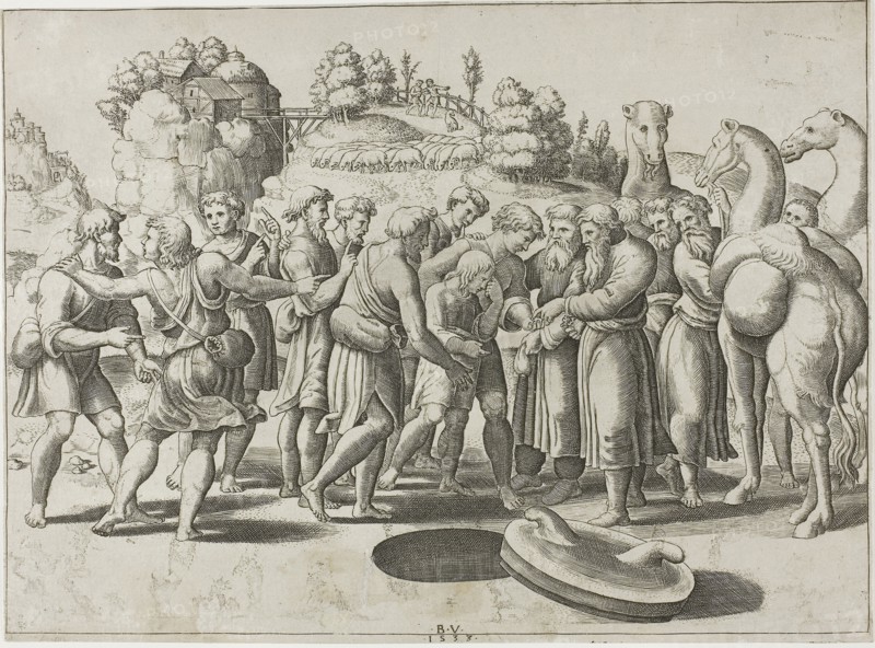 Joseph Sold by his Brothers, 1533, Master of the Die (Italian, active c. 1530-1560), after Raffaello Sanzio, called Raphael (Italian, 1483-1520), Italy, Engraving, printed in black, on paper, 212 × 286 mm (sheet)