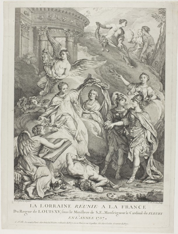 The Lorraine Reunited with France, 1737, Charles-Nicholas Cochin the younger (French, 1715-1790), after Charles Nicholas Delovel II, France, Engraving on paper, 345 × 269 mm (image), 400 × 291 mm (plate), 412 × 311 mm (sheet)