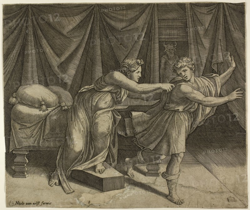 Joseph and Potipher’s Wife, n.d., Marcantonio Raimondi (Italian, c. 1480-1534), after Raffaello Sanzio, called Raphael (Italian, 1483-1520), Italy, Engraving in black on paper, 206 x 241 mm (sheet)