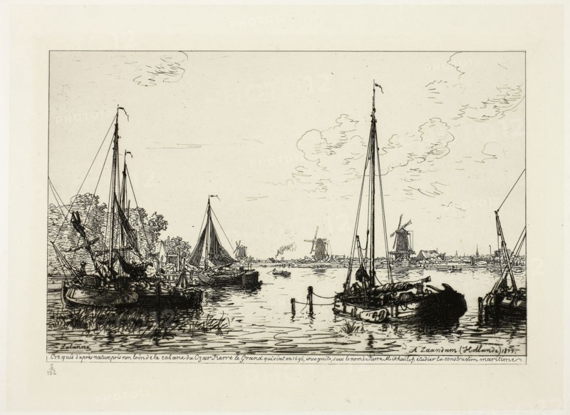 At Zaandam, 1877, Maxime Lalanne, French, 1827-1886, France, Etching and drypoint on ivory China paper, laid down on ivory wove paper, 146 × 225 mm (image), 190 × 261 mm (primary support), 200 × 280 mm (plate), 330 × 442 mm (secondary support)