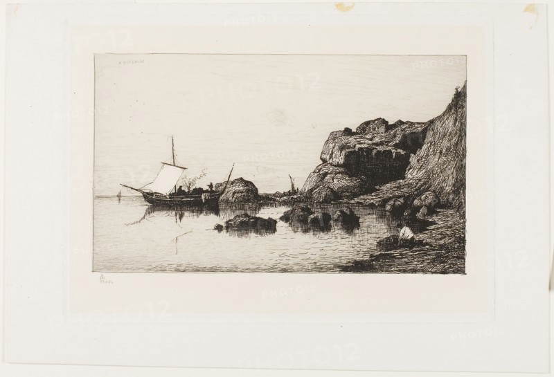 Fishing Craft near the Cliffs at Collioure, 1878, Adolphe Appian, French, 1818-1898, France, Etching on China paper colle laid down on white wove paper, 186 × 272 mm (image), 240 × 351 mm (sheet)