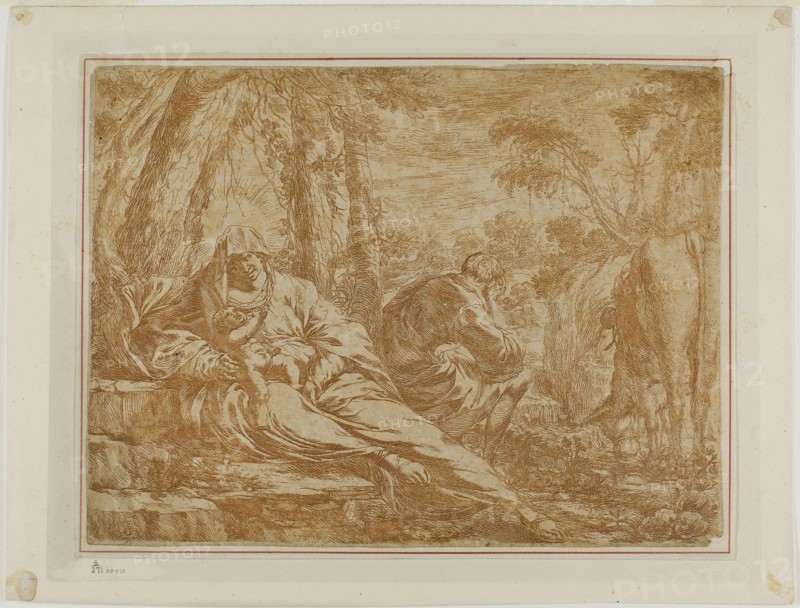 Rest on the Flight into Egypt, n.d., Bartolomeo Biscaino, Italian, before 1629-1657, Italy, Etching printed in reddish brown on paper, 187 × 247 mm