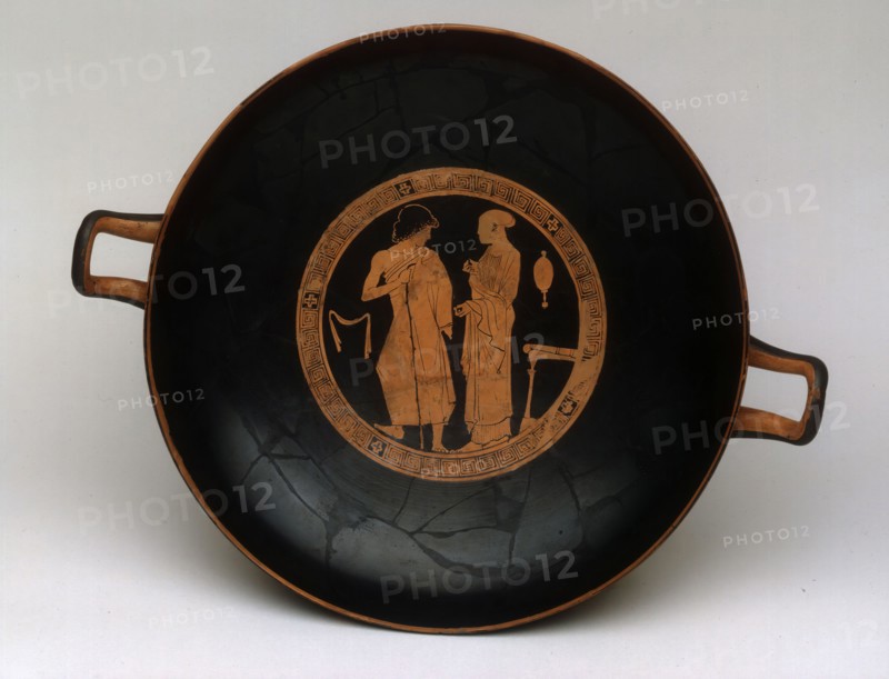 Kylix (Drinking Cup), about 460 BC, Attributed to the Penthesilea Painter, Greek, Athens, Ancient Greece, terracotta, decorated in the red-figure technique, 14.2 × 45 × 37 cm (5 5/8 × 17 3/4 × 14 1/4 in.)
