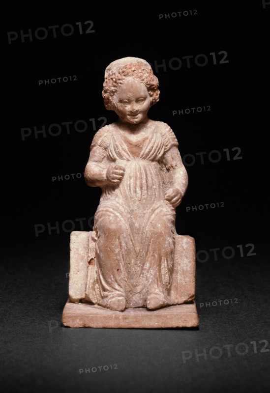 Statuette of a Seated Girl, 330/320 BC, Greek, Athens, Athens, terracotta, 10.5 × 5.2 × 6.2 cm (4 1/8 × 2 1/16 × 2 7/16 in.)