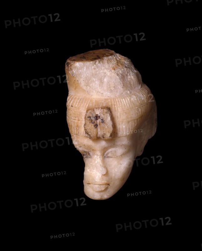 Head From a Shabti (Funerary Figurine) of Queen Tiye, New Kingdom, Dynasty 18, Reign of Akhenaten (about 1353–1336 BC), Egyptian, Egypt, Egyptian alabaster and pigment, 7.6 × 5.8 × 2.6 cm (3 × 2 1/4 × 1 in.)