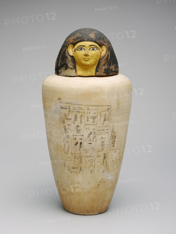 Canopic Jar of the Overseer of the Builders of Amun, Amenhotep, New Kingdom, Dynasty 18, reign of Amenhotep II (about 1427–1400 BC), Egyptian, Egypt, terracotta and pigment, a (jar):  31.7 × 19 × 18.4 cm (12 1/5 × 7 1/5 × 7 ¼ in.)